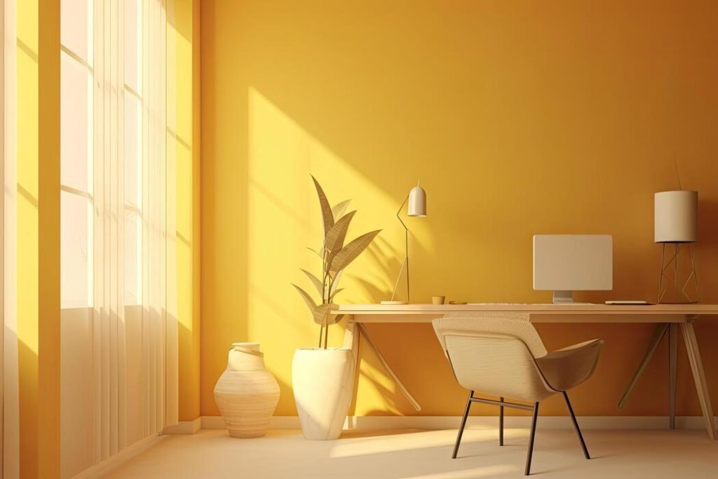 minimal interior modern office space room with beige cozy tone style decorate with armchair desk and row of computers empty wall for mock up and banner with generative ai fr